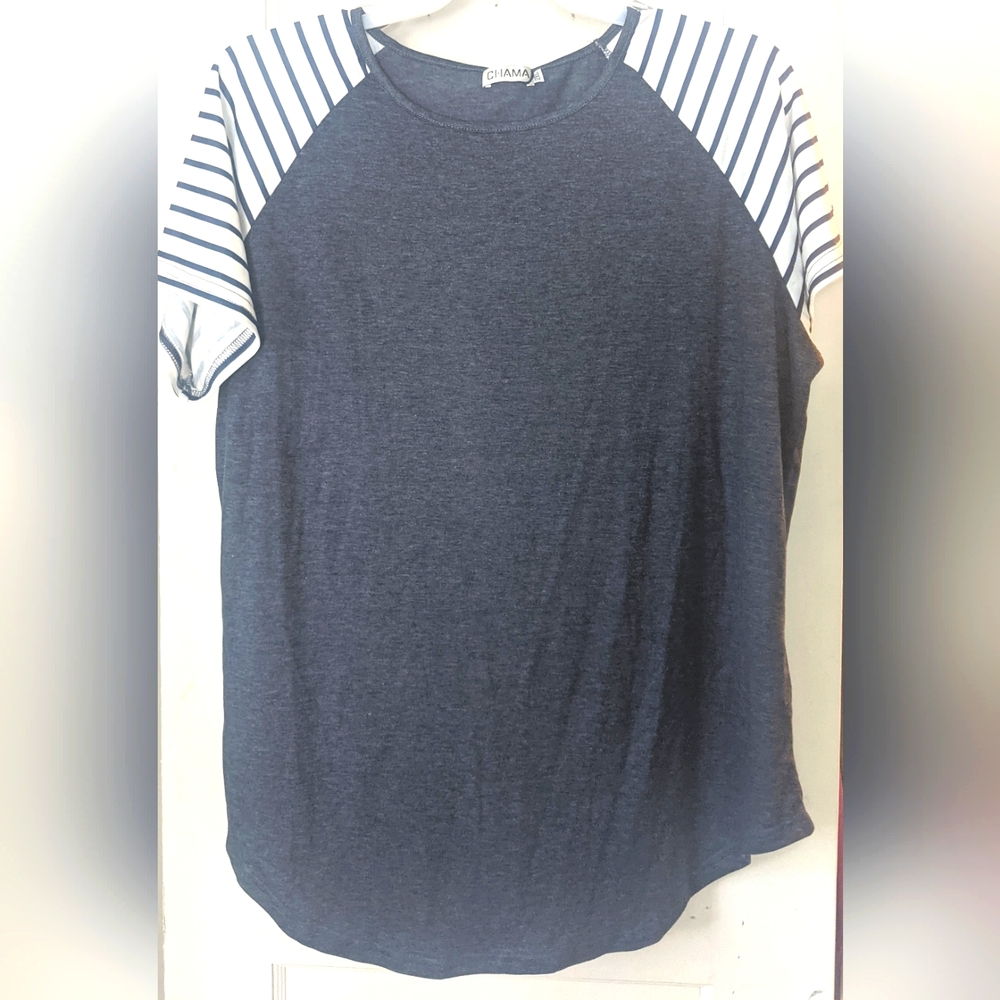 Chama Plus Size Basic Striped Short Sleeve Top - Picture 1 of 6